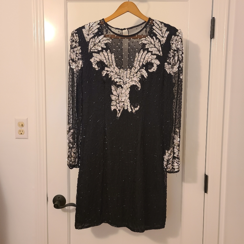 Laurence Kazar Vintage 1980s Beaded Black Cocktail Dress Size PETITE XL